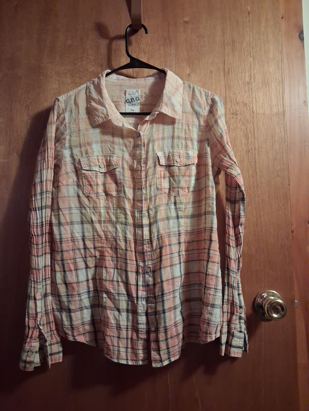 GBG Los Angeles Peach and Cream Plaid Button-Down Shirt